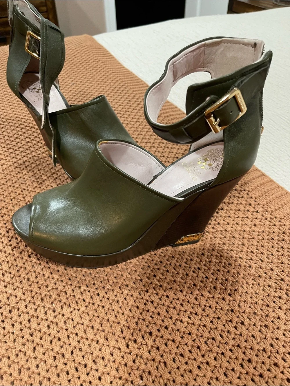 Vince Camuto Olive Green Peep-Toe Wedge Sandals with Buckle